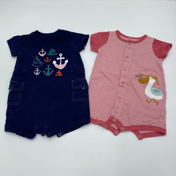 Lot of 2 Carters Boy Short Sleeve Romper Size 6M - Picture 1 of 4